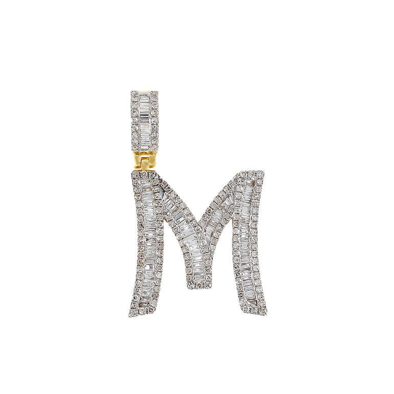 Yellow Gold Round and Baguette Diamond Initial Pendant