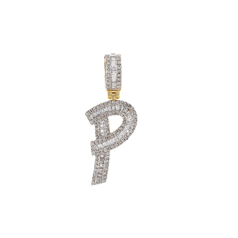 Yellow Gold Round and Baguette Diamond Initial Pendant