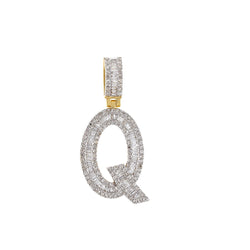 Yellow Gold Round and Baguette Diamond Initial Pendant