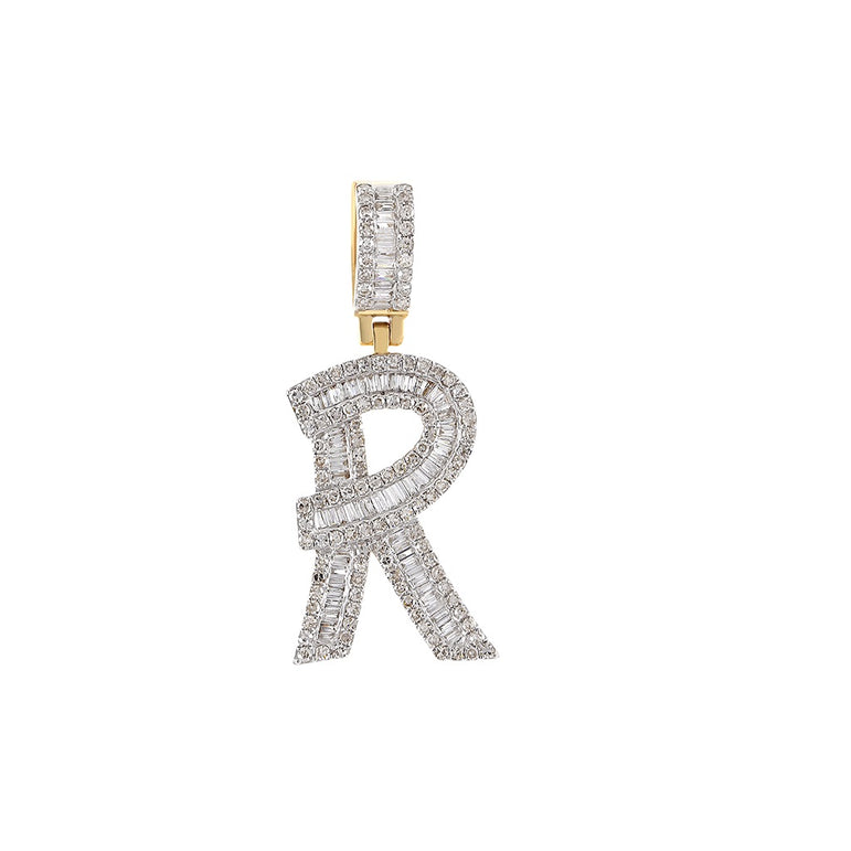 Yellow Gold Round and Baguette Diamond Initial Pendant