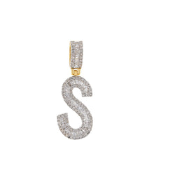 Yellow Gold Round and Baguette Diamond Initial Pendant