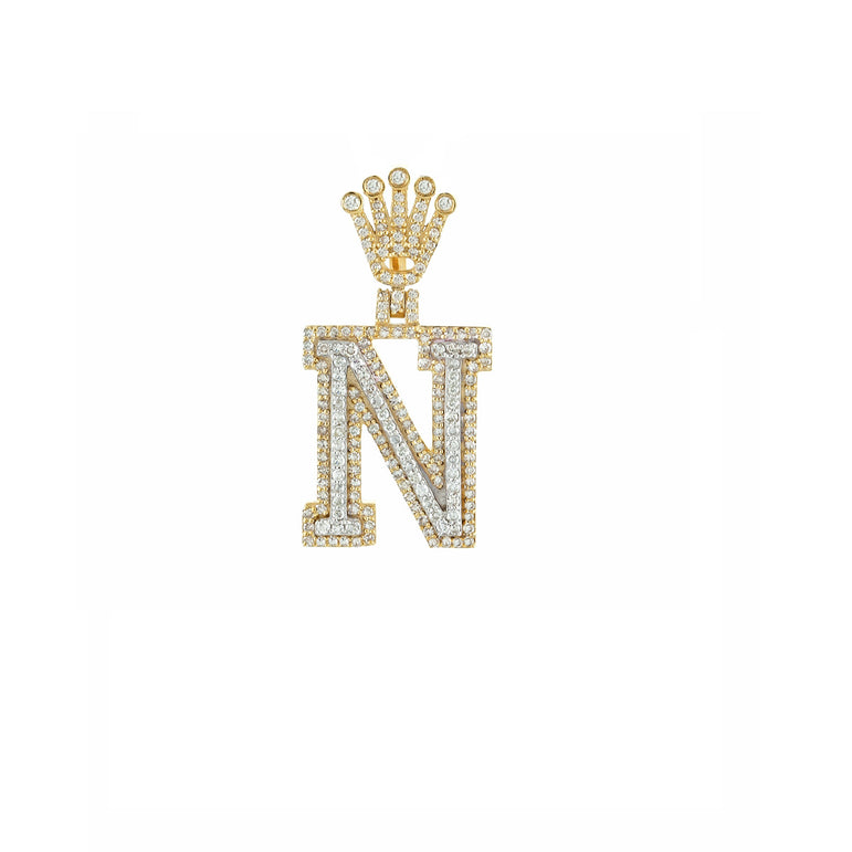 Yellow Gold Round Diamond Crown Initial Letter Pendant