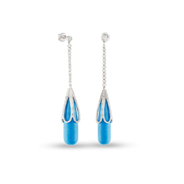 White Gold Round Diamond Turquoise Drop Earrings