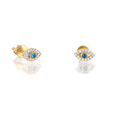 Yellow Gold Round Diamond Evil Eye Studs Earrings